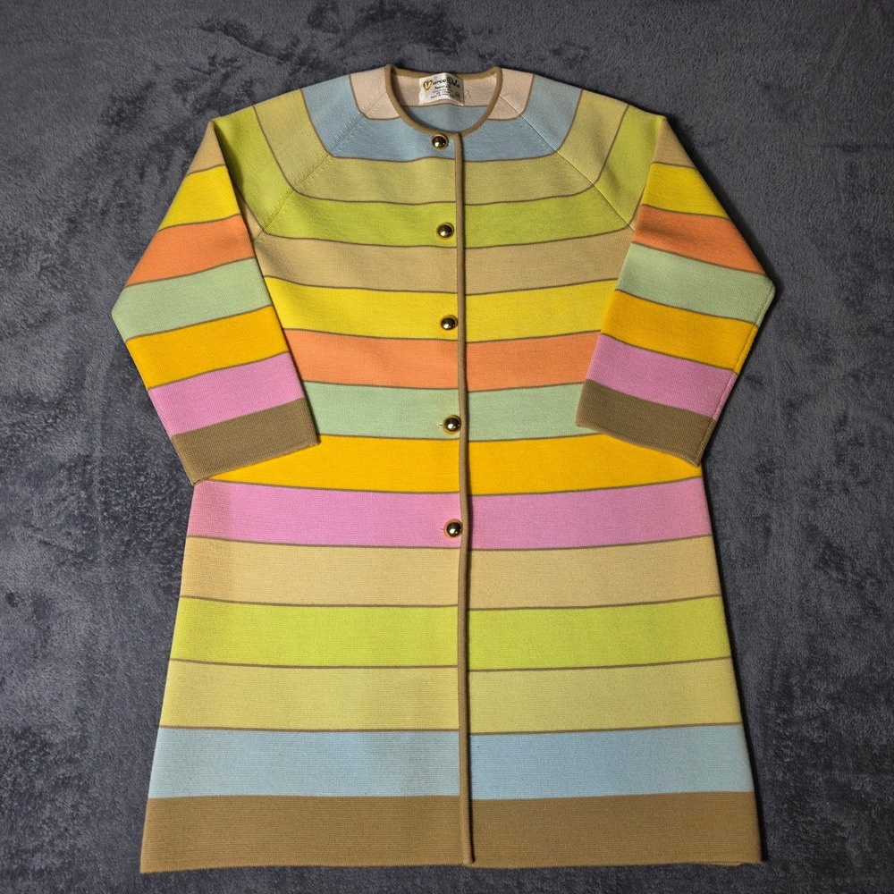 Vintage Cardigan Womens 14 100% Wool Striped Multi Color Longline Retro Mod